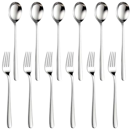 6 Korean Soup Spoons & 6 Dinner Forks Set, 18/10 Stainless Steel Long Handle Asian Spoons, Dishwasher Safe, Commercial Grade