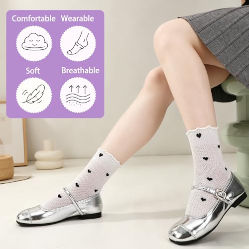 Ruffle Bow Polka Dot Heart Cotton Crew Socks for Womens - color: Black, Pink, Purple,white
