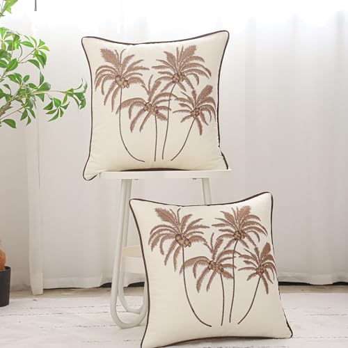 Embroidered Throw Pillow Covers 18x18 Pack of 2 Brown Coconut Trees - color: Brown Coconut Palm Trees