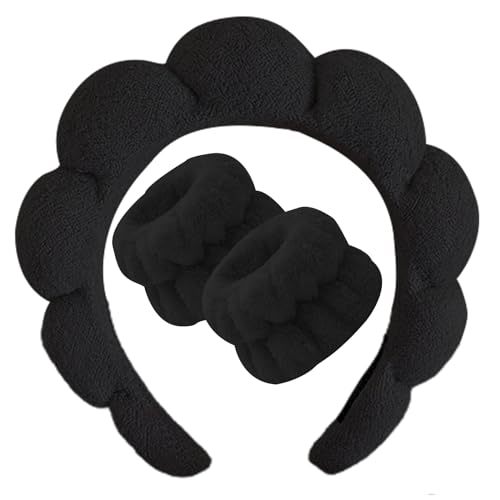 Beleki Spa Headband for Washing Face, Sponge Makeup Skincare Headband & Wristband Set Non Slip Headbands Soft Puffy Headwear Hair Accessories for Women Girls, Black - color: Black