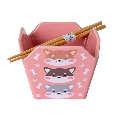 Urban Tokyo Chinese Takeout Box Style Porcelain Bowl With Chopsticks 18 fl oz Square Shape Rice Noodles Pasta To Go Box Shaped Bowl Microwave Dishwasher Safe (Shiba Inu) - color: Shiba Inu