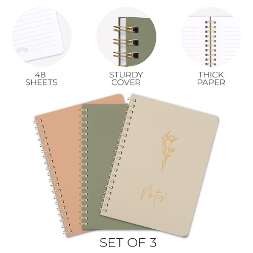 Aesthetic Spiral Notebook Set of 3 For Women - Cute College Ruled 7x5 - color: sage-pink-beige, size: Everyday 5x7