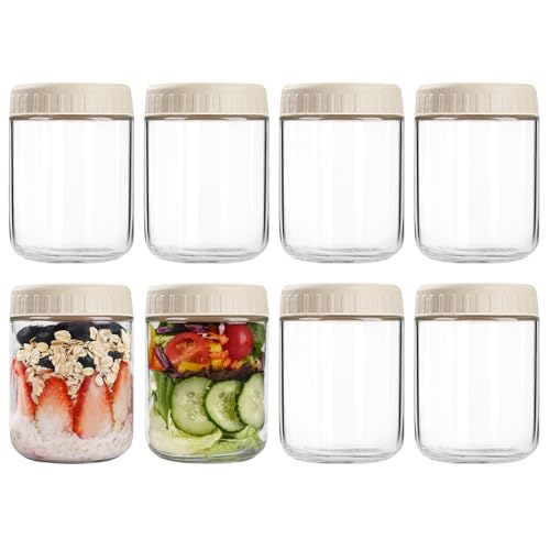 SHOWIN Overnight Oats Containers with Lids, 16oz Glass Jars with Lids 8 pcs, Creamy Beige, Wide Mouth Mason jars for Salad, Yogurt, Snacks, Meal Prep - color: Creamy Beige, size: 16oz-8pc
