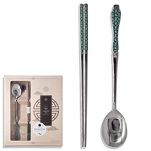 [Made in Korea] Goryeo Celadon Design Korean Table Sticky Rice Spoon and Chopsticks 430 Stainless Steel Glossy Surface Mukbang Cutlery (Blue, 5 Sets) - style: Blue, 5 Sets