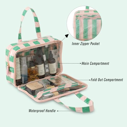 Toiletry Bag for Women, Pink and Green Stripe - color: Green-Pink