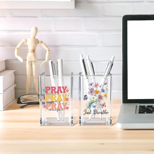 Just breathe 2 Pack Acrylic Cosmetic Pencil Pen Holder Cup, Hope Inspirational Makeup Brush Organizer Holder, Women Faith Gifts, Christian Encouragement Gifts for Women Mom Daughter Teacher - style: Pray Breathe 2