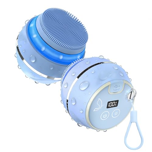 Face Scrubber, Waterproof Silicone Facial Cleansing Brush 6 Modes, 3 Light Effect, Rechargeable Electric Exfoliator Deep-Clean Scrubber for Women and Men - color: Blue