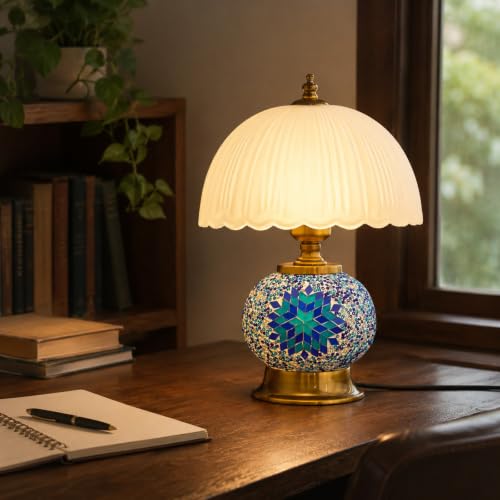 Boho Blue Mosaic Small Table Lamp with White Glass Shade - color: Blue, Bronze, White