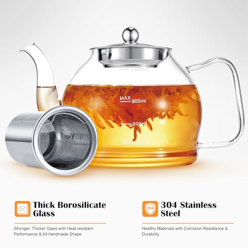 STNTUS Glass Teapot, 40 oz. / 1200 ml for Loose Tea, With Infuser and Stainless Steel Strainer, Stovetop Safe, 4-6 Cups - size: 1200ml/40oz