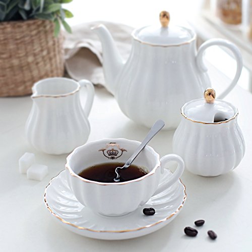 Porcelain Tea Sets British Royal Series, 8 OZ Cups& Saucer Service for 6, with Teapot Sugar Bowl Cream Pitcher Teaspoons and tea strainer for Tea/Coffee, Pukka Home (Pure White) - color: White