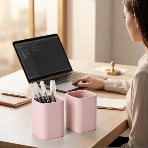 Ceramic Pen Holder Set of 2, Pencil Cup for Desk, Matte pink - color: Matte pink
