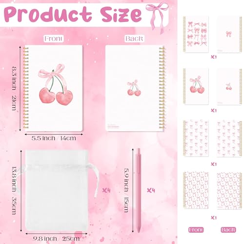 CNhoqc Pink Coquette Journal Notebook, 4 Sets A5 Ballpoint Pen Organza Bag - color: 4-Set Pink Bow