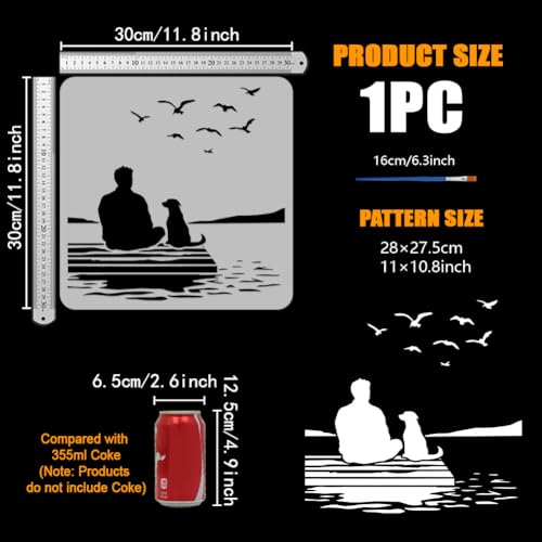 FINGERINSPIRE People and Dogs Stencil with 1Pc Plastic Paint Brush 11.8x11.8inch Reusable Shore Scenery Template Flying Birds Stencil Human Dog Pattern Template for DIY Art Craft Home Wall Decor - style: People and Dogs