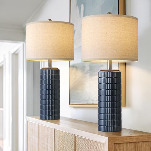 PoKat 27.5'' Tall Table Lamps for Living Room Set of 2, Ceramic Bedroom Lamps for Night Stands, Modern Bedside Lamps for Bedroom Living Room, Nightstand Lamps for Side End Table Hallway, Blue - color: Deep Blue