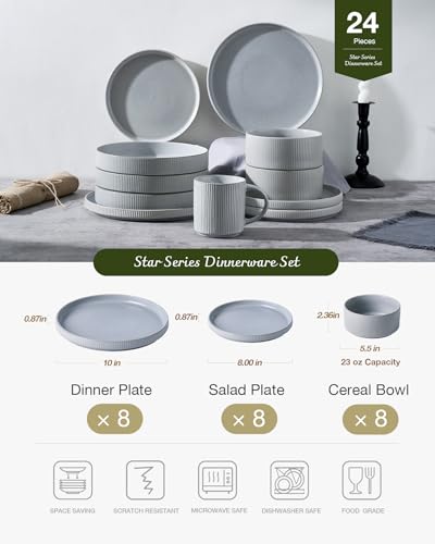 Famiware Star Stoneware Dinnerware Sets for 8, Reactive Glaze Plates, Bowls - color: Matte Gray
