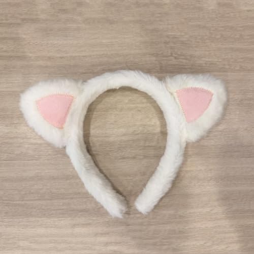 Fuzzy White Cat Ears Headband Pink Kitty Ears Cat Costume Headwear - color: White Pink Cat