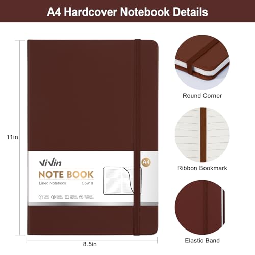 ViVin 3 Pack A4 Hardcover Lined Notebook,8.5x11 192 pg College Ruled - color: Black+Navy+Brown, size: A4