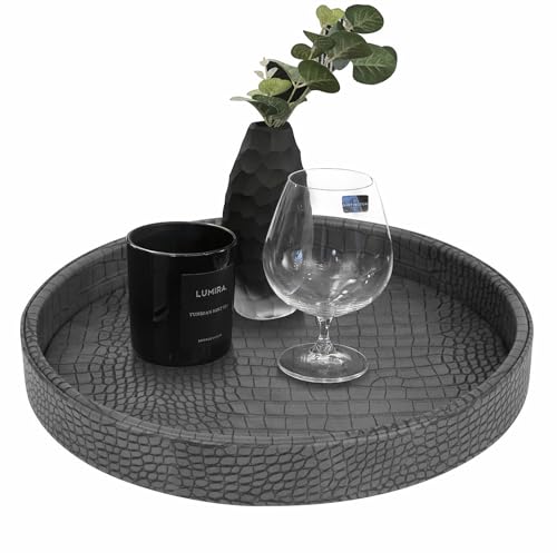 HofferRuffer Faux Leather Round Serving Tray, Vegan Croco Leather Decorative Tray, Food Tray for Storage Drinks, Snack & Cosmetics, Dia.12'' x 1.6'' (Dark Grey) - color: Dark Grey, size: 12"