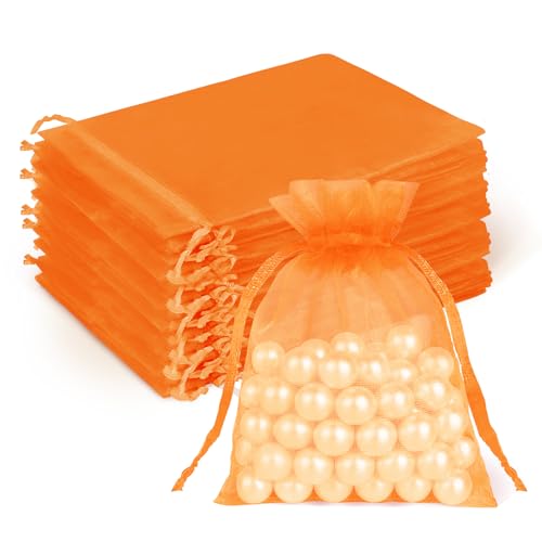Crweety 50Pcs Organza Bags 3x4, Orange Small Mesh Gift Bags Drawstring Bulk - color: Orange