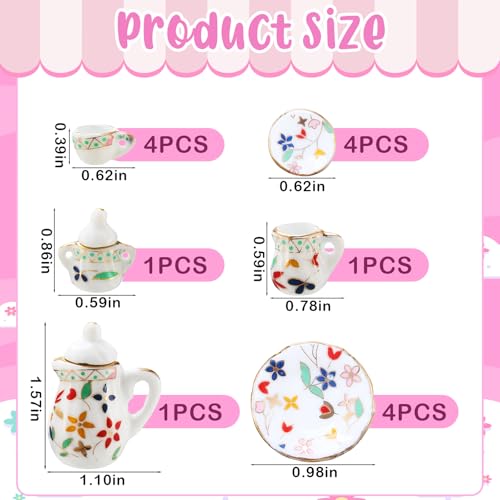 Sumind 15 Pieces Miniature Porcelain Tea Cup Set Kitchen Miniature Porcelain Set Mini Flower Pattern Teapot Cup Plates Kitchen Accessories(Gold Leaf Style) - style: Gold Leaf Style