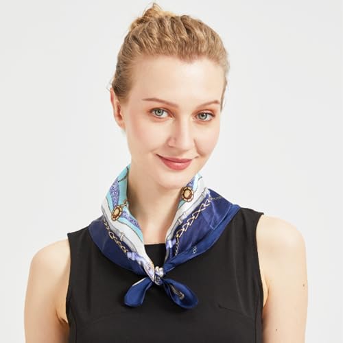 100% Mulberry Silk Neck Scarf for Women Square Neckerchief – 21 inch - color: Blue