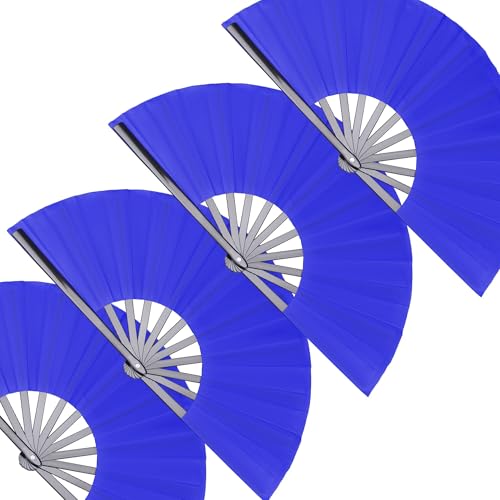 4 Pack Large Folding Hand Fan, Blue Chinese Kung Fu Tai Chi Fan Nylon-Cloth rave Fan For Men And Women Performance, Dance, Decorations, Festival, Gift (4p Folding fan blue) - color: 4p Folding fan blue