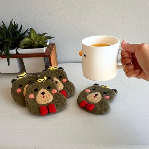 Humble Hilo Handmade Animal Felt Coaster Set of 4, Absorbent Coaster for Animal Lover (Funny Bear) - color: Funny Bear