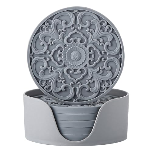 Colinda Silicone Coasters - Set of 6 with Holder, Non-Slip Cup Mats for Hot and Cold Drinks, Decorative Designs, Gift Ready Packaging, Cool Grey - color: Cool Grey