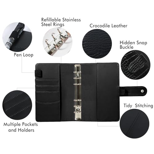 A5 6 Ring Binder Cover Crocodile - Large PU Leather Notebook Binder with Hidden Snap Buckle, Refillable Budget Planner, Black - color: Black, size: A5