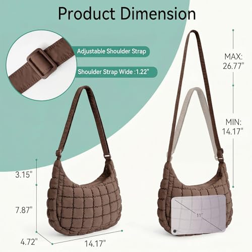 Puffer Crossbody Hobo Bag for Women Nylon Quilted Purse Lightweight Shoulder Handbag with Adjustable Strap - color: 03-coffee