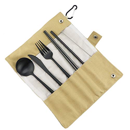 Luxury Black Matte Portable 18/10 Stainless Steel Travel Flatware Sets of 7 Portable Camping Cutlery Set, Healthy & Eco-Friendly Flatware Set with Carrying Case for Travel or Camping - color: Black, size: Khaki Pouch