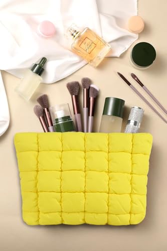 Puffy Quilted Makeup Bag, Cosmetic Bag, Travel Toiletry Organizer Pouch, Clutch for Women (Yellow) - color: Yellow