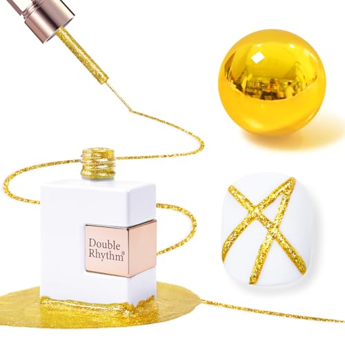 Double Rhythm 15 Ml Metallic Gel Liner Nail Art Gel Bronze Mirror Chrome Painted Drawing Stripper 3D Effect Gel Polish (Glitter Yellow Gold-L1008) - color: Yellow Gold