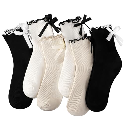 6 Pairs Womens Bow Socks, Ruffle Casual Crew Socks - color: White, Black, Off-white