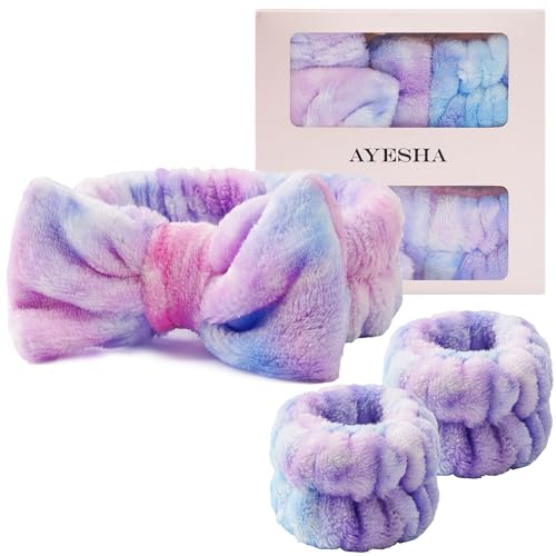 Ayesha Spa Headband and Wristband Set for Washing Face Skincare Makeup - color: Gradient Purple set