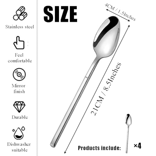 MIUPOO Stainless Steel Dinner Spoons Set,Long Handle Table Soup Spoon Set,Asian Korean Spoons with Long Handles,Thick Heavy Weight Silverware,8.5Inches,4 Pieces,Silver