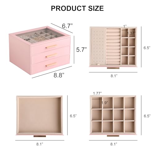 Frebeauty Jewelry Box for Women,Clear Lid Jewelry Organizer with 3 Drawers - color: Pink, size: 3 Drawer