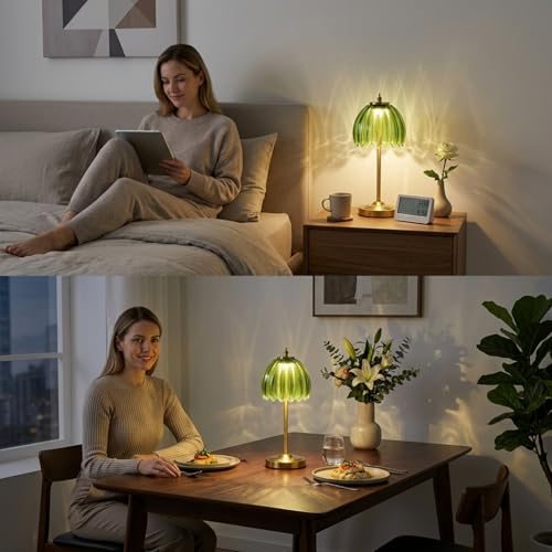EJQ Glass Tulip Rechargeable Table Lamp, Cordless Flower Table Light -Green - color: Green