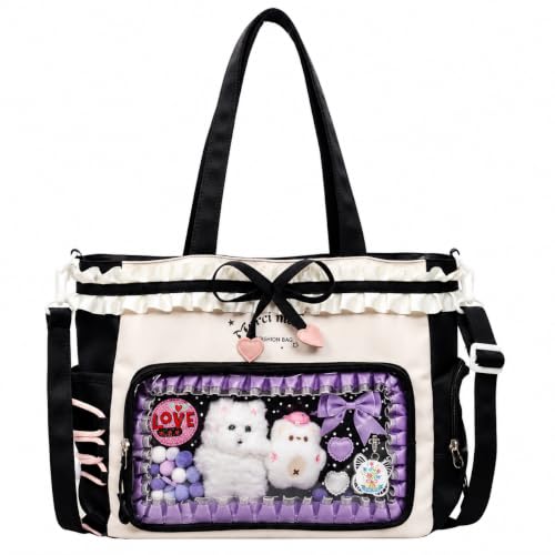 Kawaii Ita Bag with Ruffle Trim, Cute Color Block Crossbody Bag, Pin Display Shoulder Bag with Insert Y2k Style - color: Black / Beige