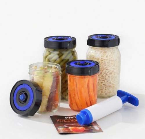 Home Fermentation Kit With 4 Wide Mouth Fermenting Lids With Airlocks, Oxygen Extraction Pump, Ideal For Sauerkraut, Kimchi, Pickles & Fermented Vegetable (Blue) - color: Blue