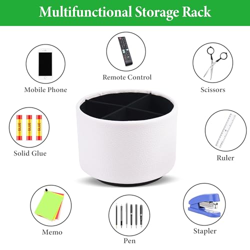 Round Leather Art Supply Organizer,Remote Control Holder,360 Degree Spinning,Multi-Functional Pencil Holder,4 Compartments Desktop Stationary Organizer(1-Lichee White) - color: 1-Lichee White