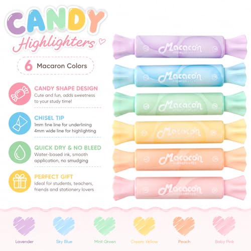 chosch Candy Shape Highlighters, Assorted colors,Chisel Tip,Water Based,Quick Dry& Write Smoothly 6 Macaron Colors (CANDY HIGHLIGHTER) - style: CANDY HIGHLIGHTER