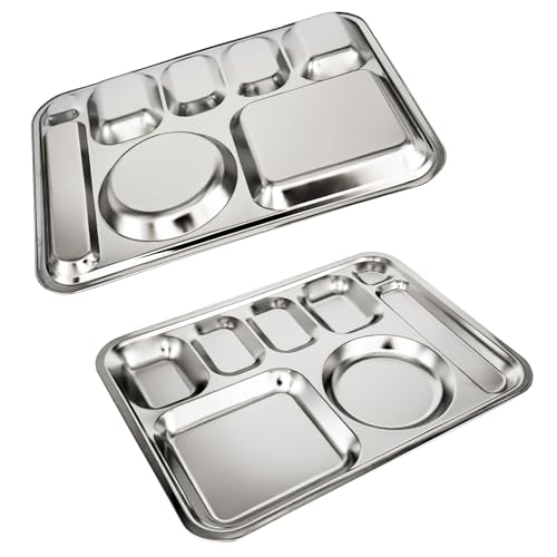 Korean Stainless Steel XL Divided Plates with Cutlery Slot for Adults 2Pack - size: 8 Compartments