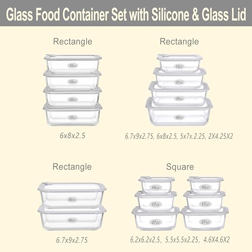 Glass Food Containers with Glass Lid, Microwave Safe Food Storage Container Set, 2 Pack of 50oz, Large Size Airtight Storage Set with Leak Proof Lids, Meal Prep Containers - color: Grey-J2RS