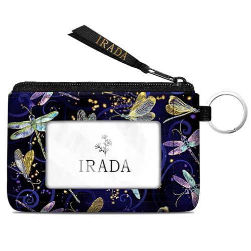 IRADA ID Case Wallet Keychain with Clear ID Window Zipper Cute Coin Purse for Women Water Resistant Small Coin Pouch-Dragonfly Keychain Wallet - color: Dragonfly-Keychain Wallet