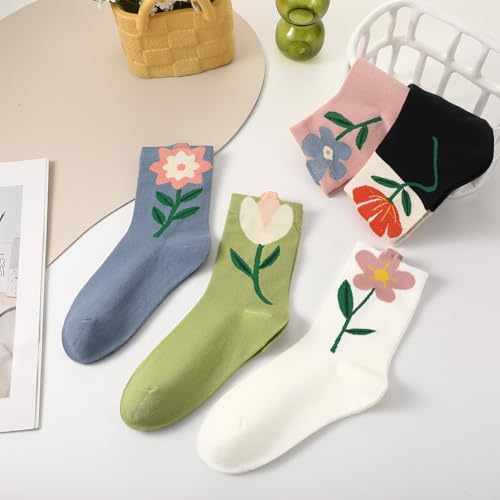 5/6 Pair Crew Socks for Women Floral Socks - color: Black, Blue, Green, White, Pink