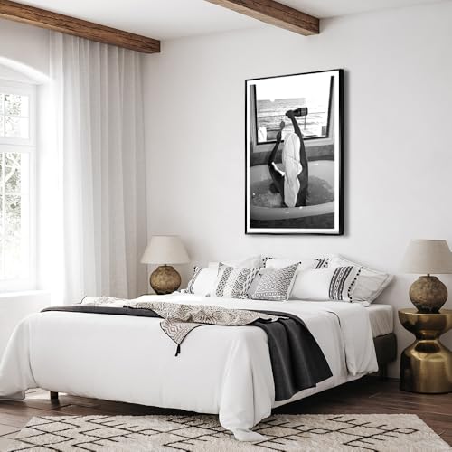 Trendy Black and White Poster Funny Woman Drinking Wine in Bathtub Wall Art Funky Girl Room Decor Fashion Vintage Bar Cart Canvas Prints for Dorm Bathroom Apartment Aesthetic 12x16in Metal Black Frame - color: Black Frame 4, size: 16"L x 12"W