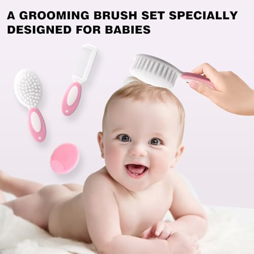 Baby Grooming Set，Baby Health Care Set Baby Brush Soft Bristles 3 Piece Baby Care Set Baby Hair Brush and Comb Set Baby Hair Brush Baby Comb Silicone Baby Cradle Cap Brush Set - color: 3pcs Pink