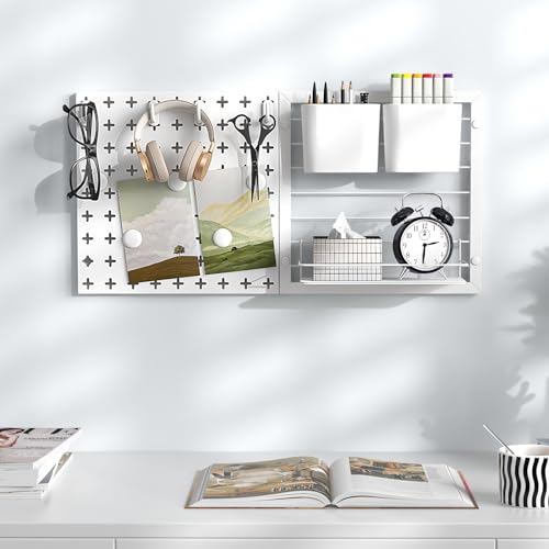 Goplus Peg Board, Metal Pegboard Kit with 2 Pegboard Panels, 12 Accessories, Storage Rack, 2 Storage Containers, Magnets & Hooks, White Pegboard Wall Organizer for Office Kitchen Home