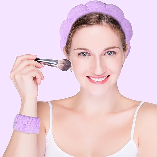 Beleki Spa Headband for Washing and Wristband Set Sponge Headband Women Face Wash Makeup Skincare Non Slip Puffy Headwear Thick Hair Accessories for Women Girls, Purple - color: Purple
